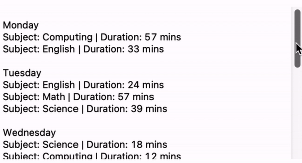 Timetable displayed to student